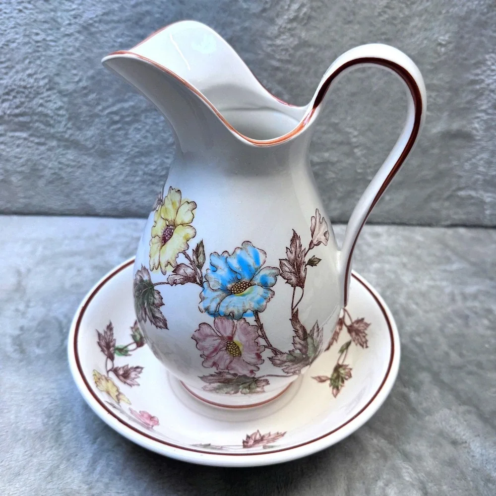 Vintage Japan Pitcher Bowl Set Floral Ceramic Mid Century Cottage Botanical‎